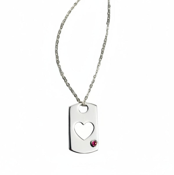 Open Heart Dog Tag, Solid Sterling Silver with Ruby