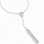 A sterling silver Y-necklace featuring a small circular pendant with a Kanji character for the word 